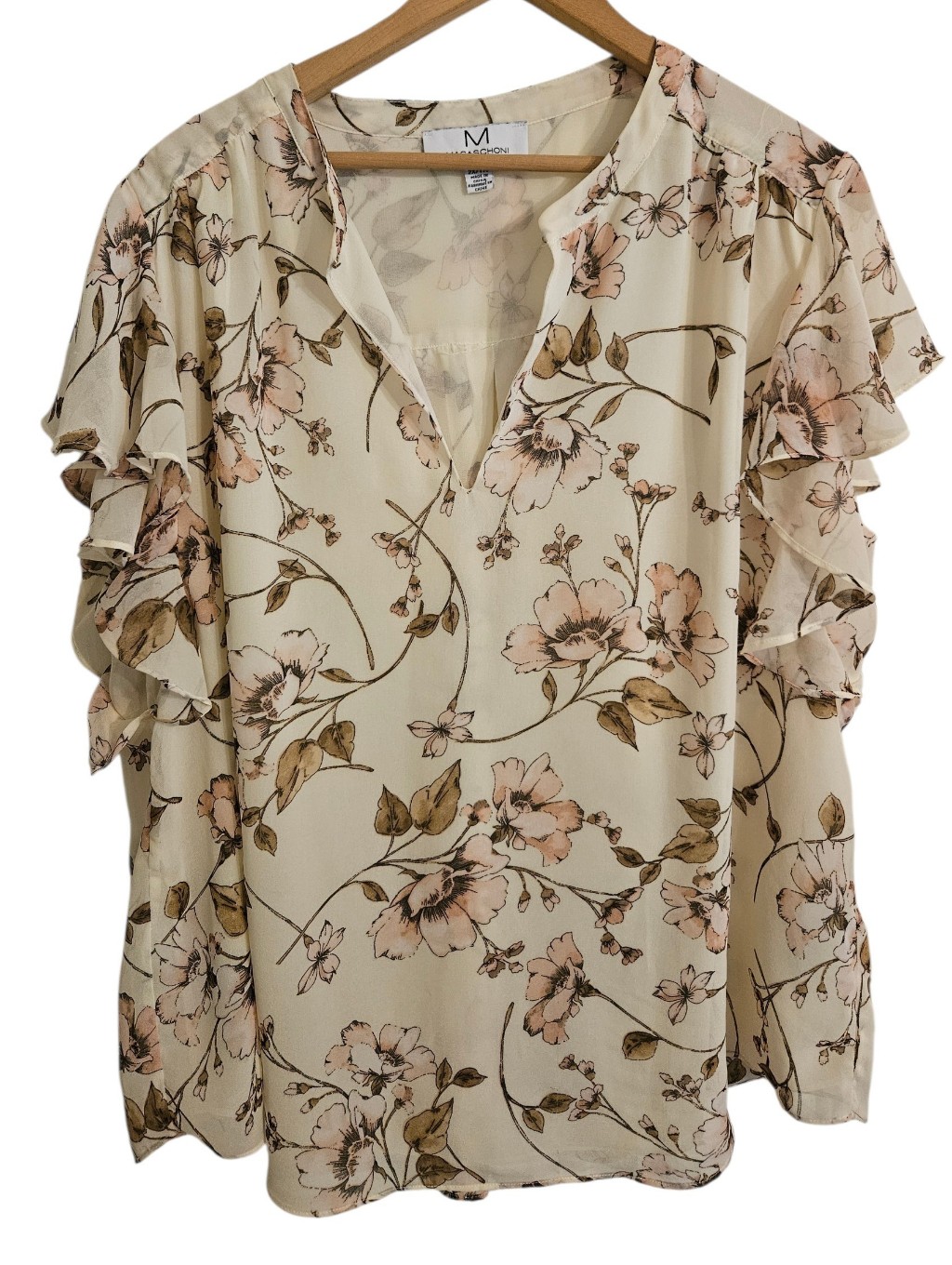 Magaschoni Cream Floral Ruffle Sleeve Blouse Sz 2x